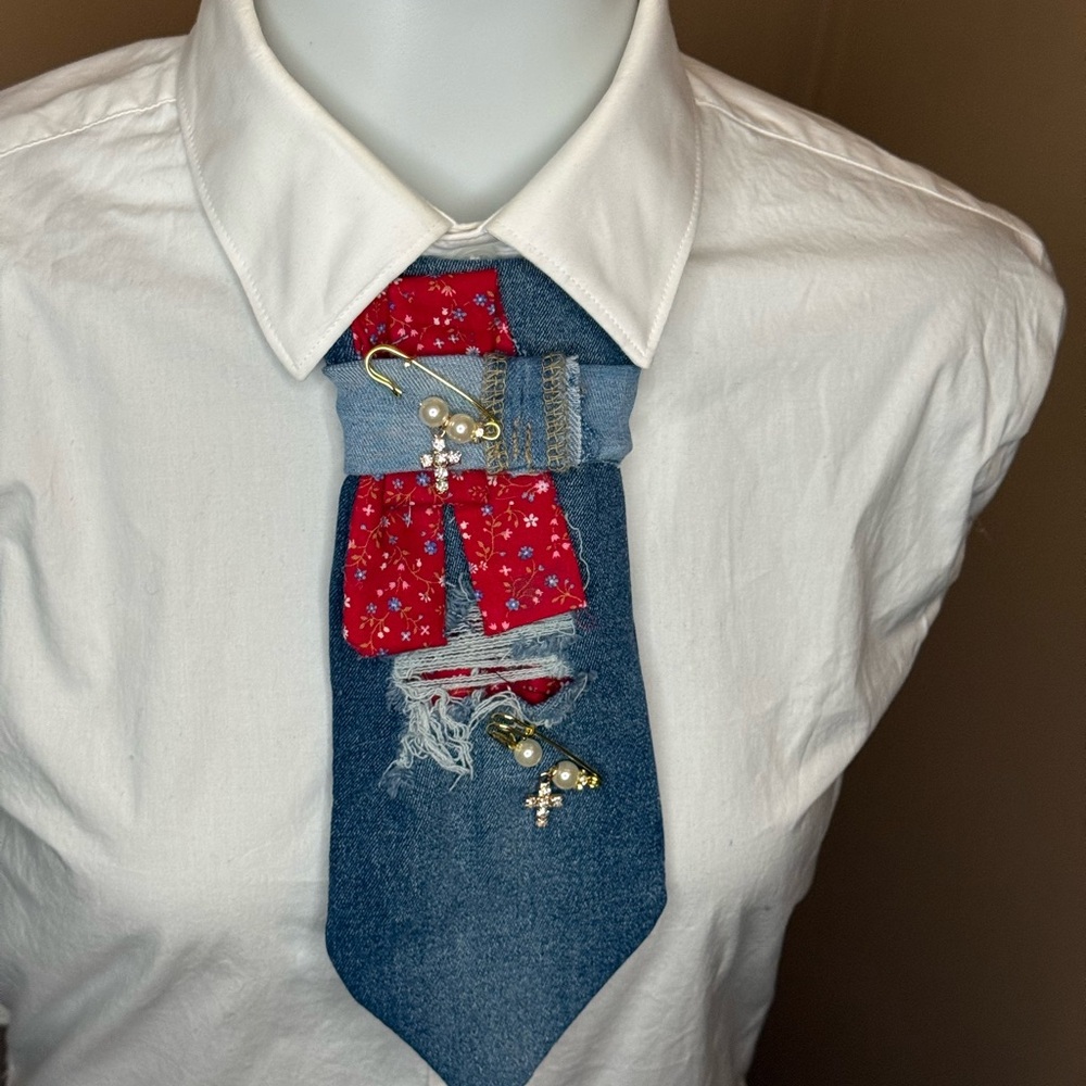 Unique Denim And Red Patchwork Tie - image 1